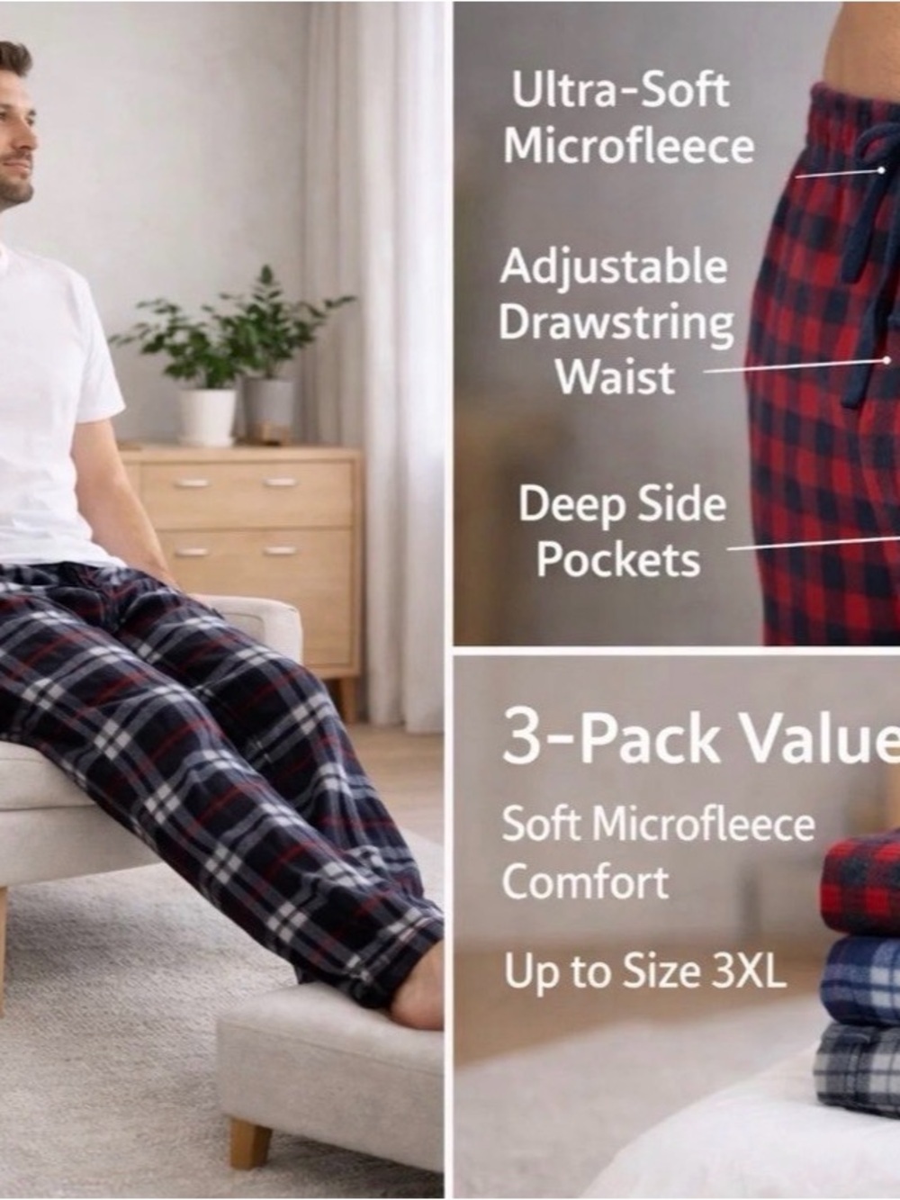 Men’s 3-Pack Microfleece Pajama Pants - Picture 2 of 6